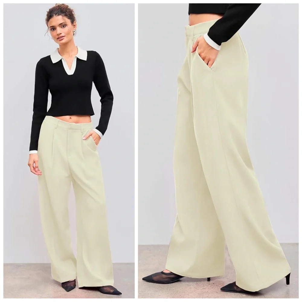 CIDER Women’s Size L Beige High Waist Pleated Wide Leg Pants Trousers Career